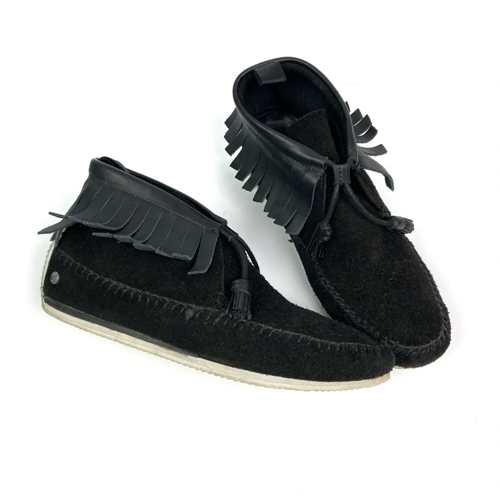 RAG AND BONE Black Suede Fringe Tassel Ghita Moccasin Bootie Boot 11 Bohemian - Picture 1 of 7